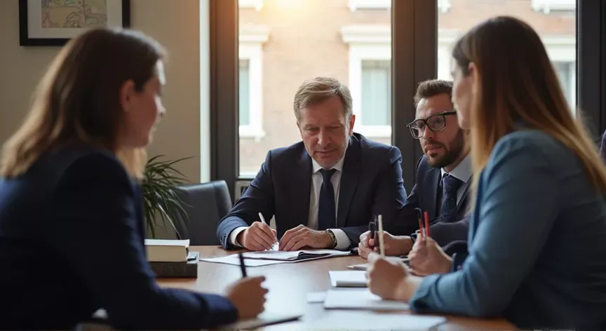 A young couple working with an attorney at a law firm