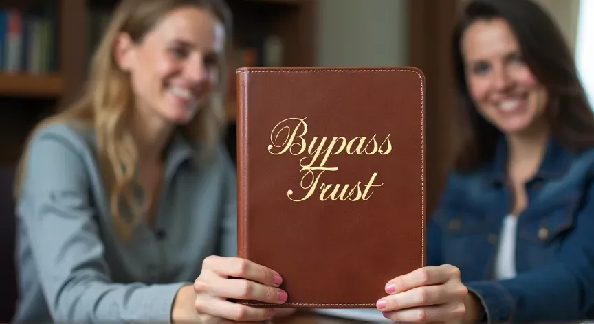 A family is sitting with an attorney, the couple are holding up a brown leather binder with the words 'Bypass Trust' in a fancy gold Script.