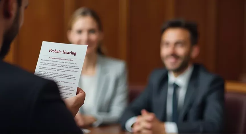 a man and a woman sitting in a court room, the attorney is holding up a pamphlet that reads 'probate hearing' in bold red print.