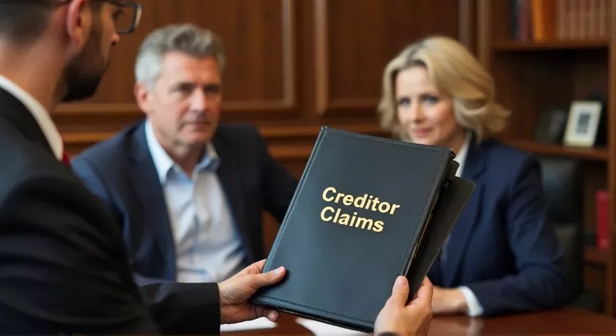 An upset middle aged couple are sitting in a law firm, the attorney is holding up a black binder that reads 'creditor claims' in gold foil print.