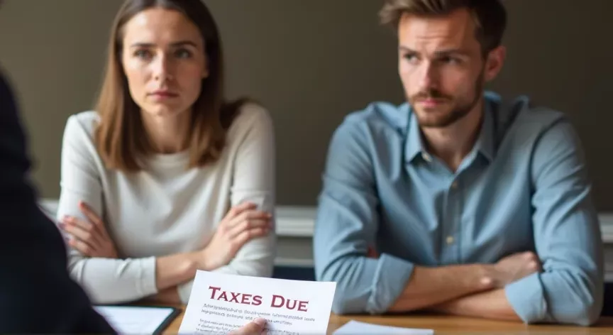 A very upset young couple with arms crossed are meeting with a lawyer to finalize estate planning documents paying off debts, with a paper displaying 'TAXES DUE' in red print.
