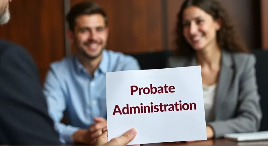 A young married couple are sitting in a law firm, the attorney is holding up a document that reads 'probate administration' in dark red print