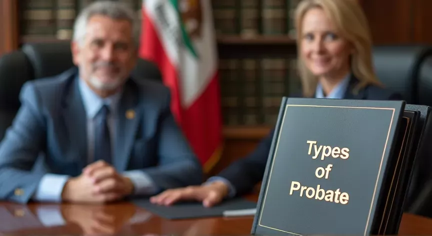 An attorney in a law firm office, there is a California state flag in the background next to the law books, the attorney is holding a binder with the words 'types of probate' embossed in foil print.