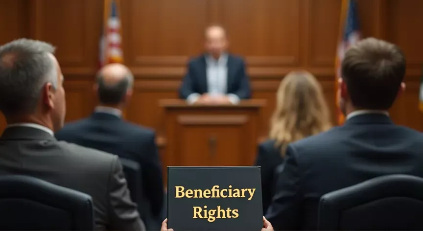 Adults are upset sitting in a court room with the judge sitting at the front, the attorney is holding up a binder that reads 'beneficiary rights' in gold foil print
