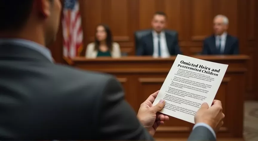 Adults are upset sitting in a court room with the judge sitting at the front, the attorney is holding up a pamphlet that reads 'omitted heirs and pretermitted children' in bold print