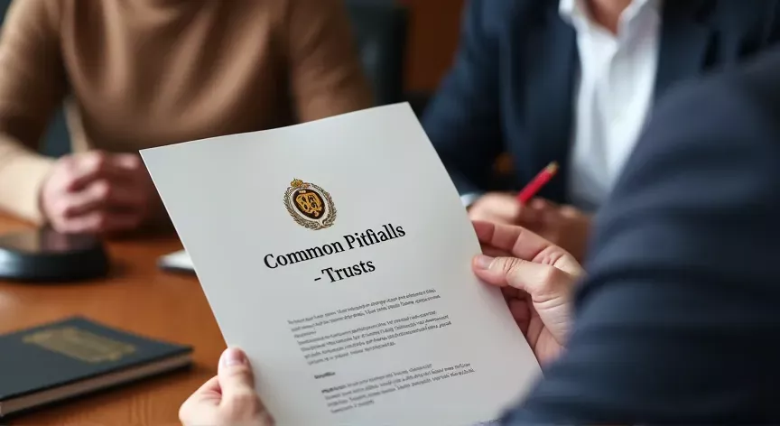 An couple are sitting with an attorney with law books sitting on the desk, they are holding up paper pamphlet labeled 'Common Pitfalls - Trusts' printed in black foil with a fancy logo with gold foil embossing.