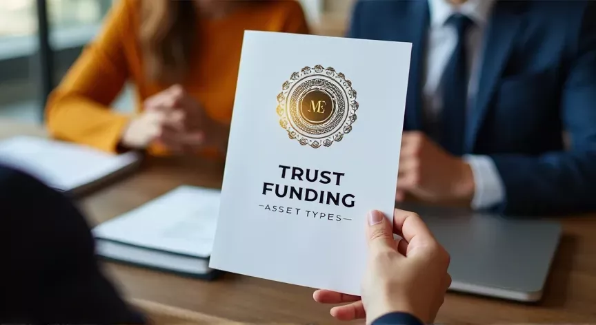 An couple are sitting with an attorney with law books sitting on the desk, they are holding up paper pamphlet labeled 'Trust Funding - Asset Types' printed in black foil with a fancy logo with gold foil embossing.