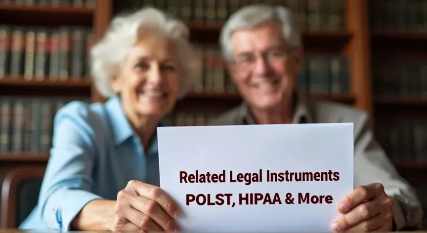 An elderly Couple is sitting at a law firm with Law Books in the background , they are holding a document labeled 'Related Legal Instruments - POLST, HIPAA & More', in Bold Dark Red Ink.