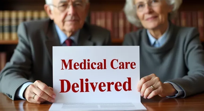 An elderly Couple is sitting at a law firm with Law Books in the background , they are holding a document labeled 'Medical Care Delivered', in Bold red Ink.