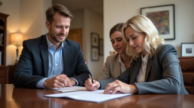 The dedicated legal team at Escondido Probate Law serving Riverside probate matters is pictured conferring with heirs to navigate the probate process to execute vital documents discussing Missing Beneficiaries at Closing