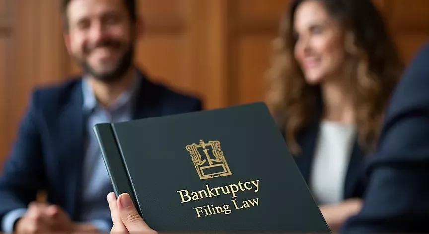 A young couple are sitting with an attorney in probate court, the attorney is holding a binder with a fancy logo and the words 'bankruptcy filing law' embossed in gold foil.